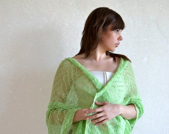 Châle vert clair Châle en dentelle Châle d'été Châle de demoiselle d'honneur Châle en dentelle en tricot Écharpe en lin Châle en dentelle Wrap Châle de soirée Châle de fête de mariage