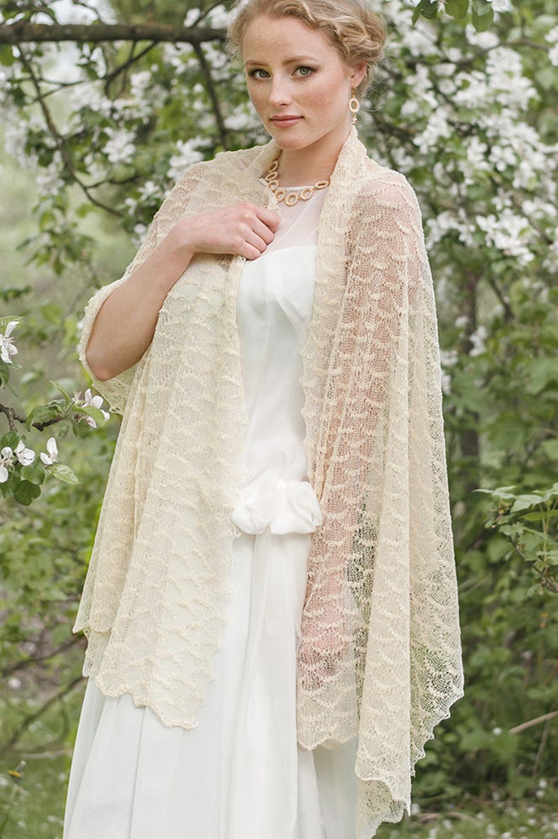 Ivory wedding lace scarf Off white bridal sheer stole Knit linen shawl Lightweight cape Bride evening summer wrap Church shoulders cover up image 6