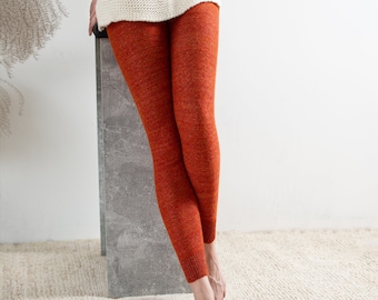 Knit alpaca leggings Slim fit fall pants Orange terracotta knitted leggings Winter trousers Warm lace pants Thin skinny comfortable pants