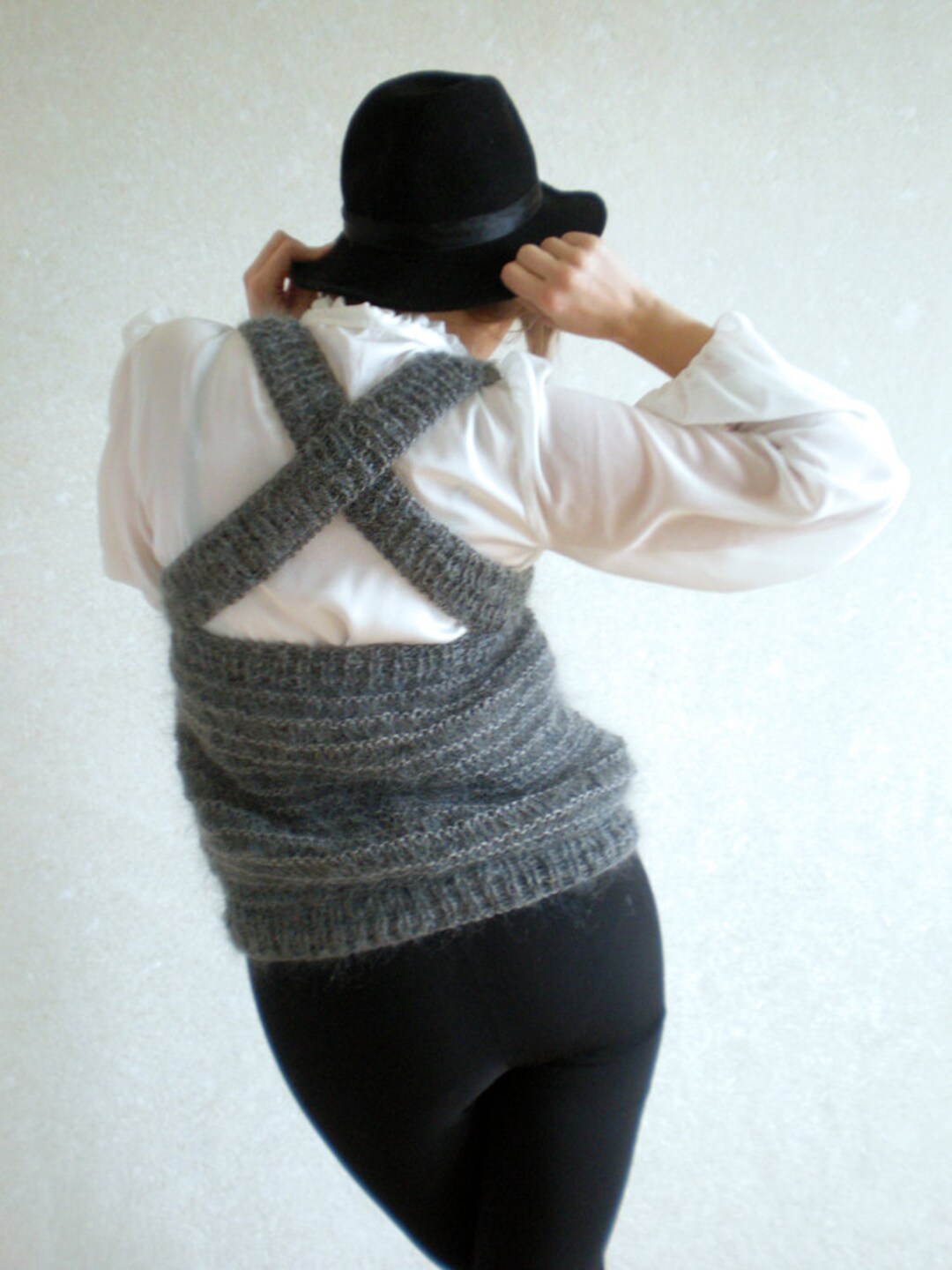 Mohair Sweater Gray Cropped Vest Striped Sweater Grey Women