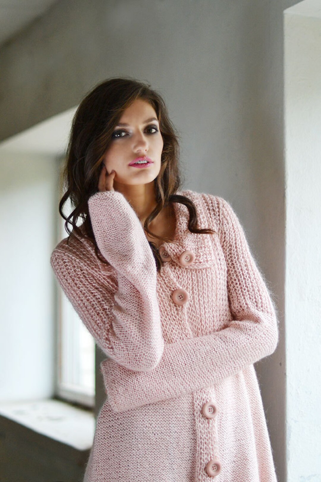 Lace Mohair Cardigan Sweater, Handknitted Fluffy Cardigan