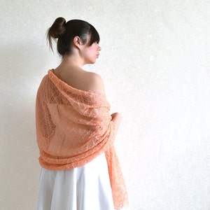 Peach Lace Linen Scarf Pale Salmon sheer Shawl Bridesmaid Stole Summer evening Scarf wrap Boho knit Shawl Beach wedding cover up image 2