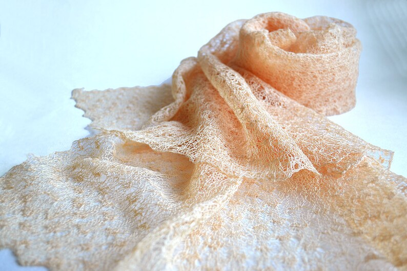 Peach linen scarf wrap Wedding lace shawl Bridesmaids Gifts Shawl Knitted cape shawl Light evening shawl Beach cover up Gauzy shoulder cover image 1