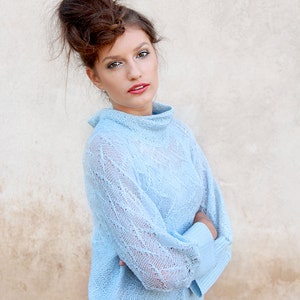 Abito in maglia larga Tunica ampia color celeste Canotta in pizzo lavorato a maglia Maglione kimono lungo Maglieria in lino e cotone color celeste pastello