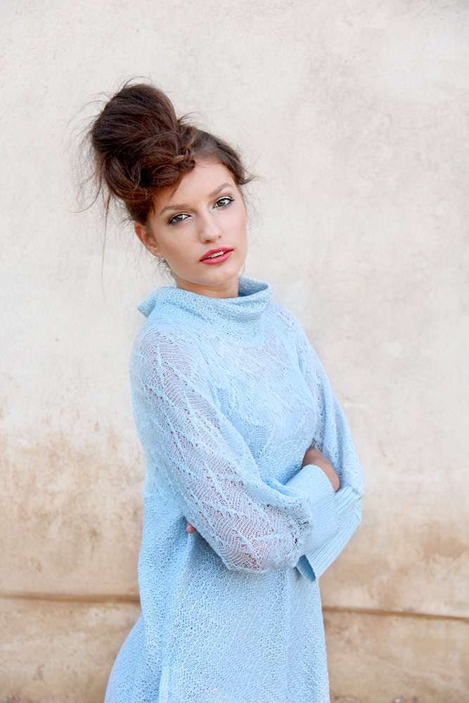 Loose Knit Dress Sky Blue loose fit tunic Knitted lace tank top Long kimono sweater Pastel blue linen cotton knitwear