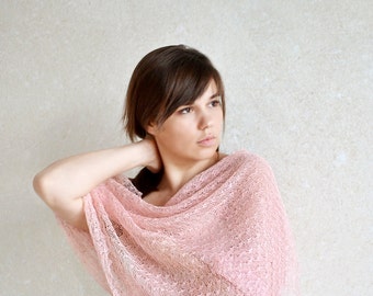 Blush Pink Linen Shawl Wedding Lace Scarf Bridesmaid Shawl bridal cover up Summer Shawl Knit Stole Sheer Wrap Knitted Gauzy Beach cover up