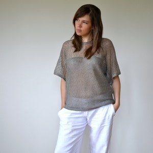 Natural Linen Blouse Summer kimono top Oversized flax blouse Loose knit sweater Linen clothing shirt Knitted lace top Sheer shoulders tunic