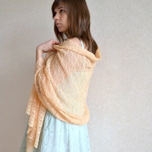 Peach lace scarf Knit linen shawl Boho wedding stole Pastel bridesmaids shawl Knitted summer apricot shoulders cover up Beach Weddings Stole