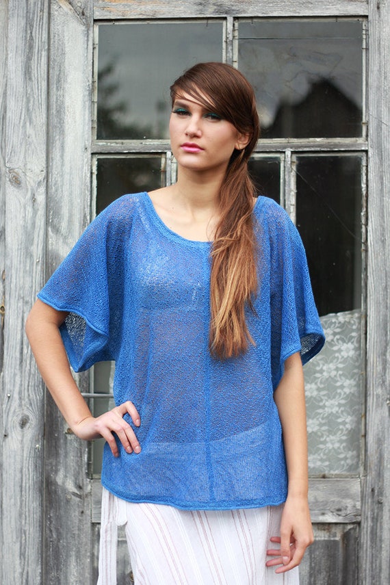 Blue linen blouse Summer kimono Knit beach cover up Sheer Oversize Slouchy sweater Loose Fit Shirt Knitted backless top Custom Color