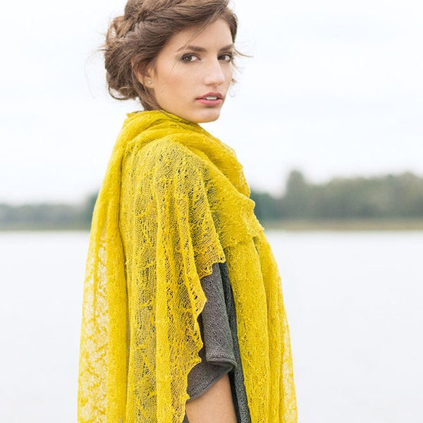 Linen mustard shawl Boho wedding scarf Lace bridesmaid gift shawl Misted yellow cover up Saffron bright wrap Knitted chartreause stole