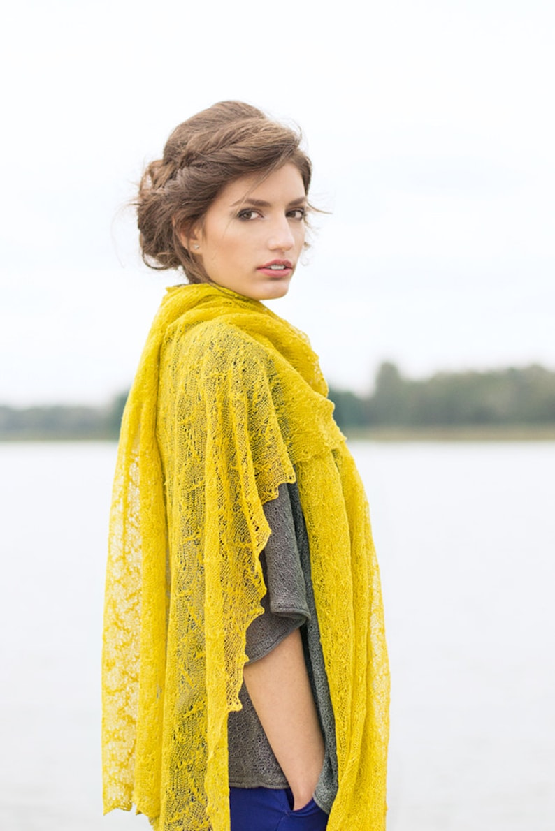 Linen mustard shawl Boho wedding scarf Lace bridesmaid gift shawl Misted yellow cover up Saffron bright wrap Knitted chartreause stole image 1