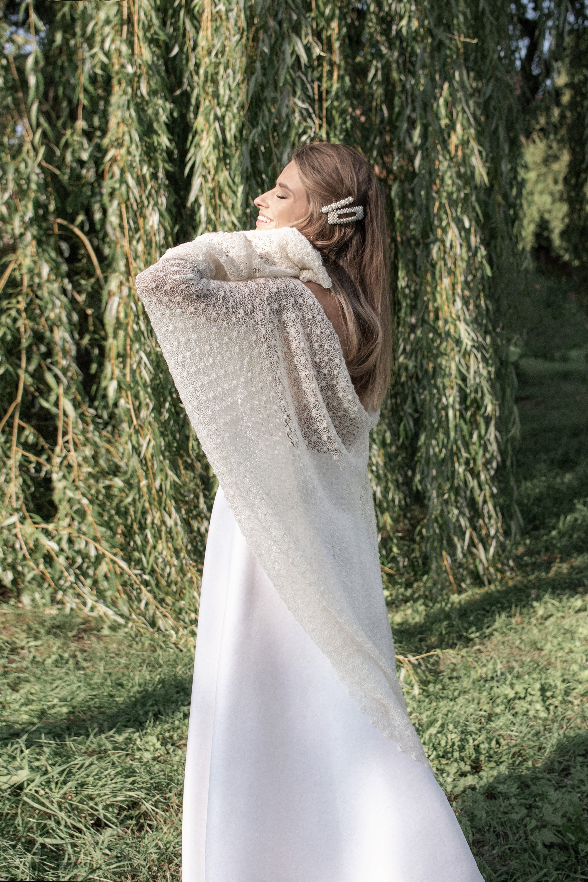 White ivory bridal shawl  Mohair scarf Lace shoulder cover up Knitted stole Warm wedding shawl wrap Cool evening Shawl Mother in law gift