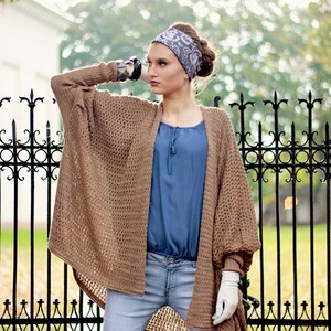 Oversized knit cardigan Open front wool cardigan wrap Women knitted jacket Bat sleeves sweater Camel loose fit coat with no closure image 2