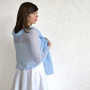 Light blue lace shawl Pastel linen scarf wrap Beach wedding bridesmaid stole Sheer summer evening cover up Gauze boho knitted cape gift image 2