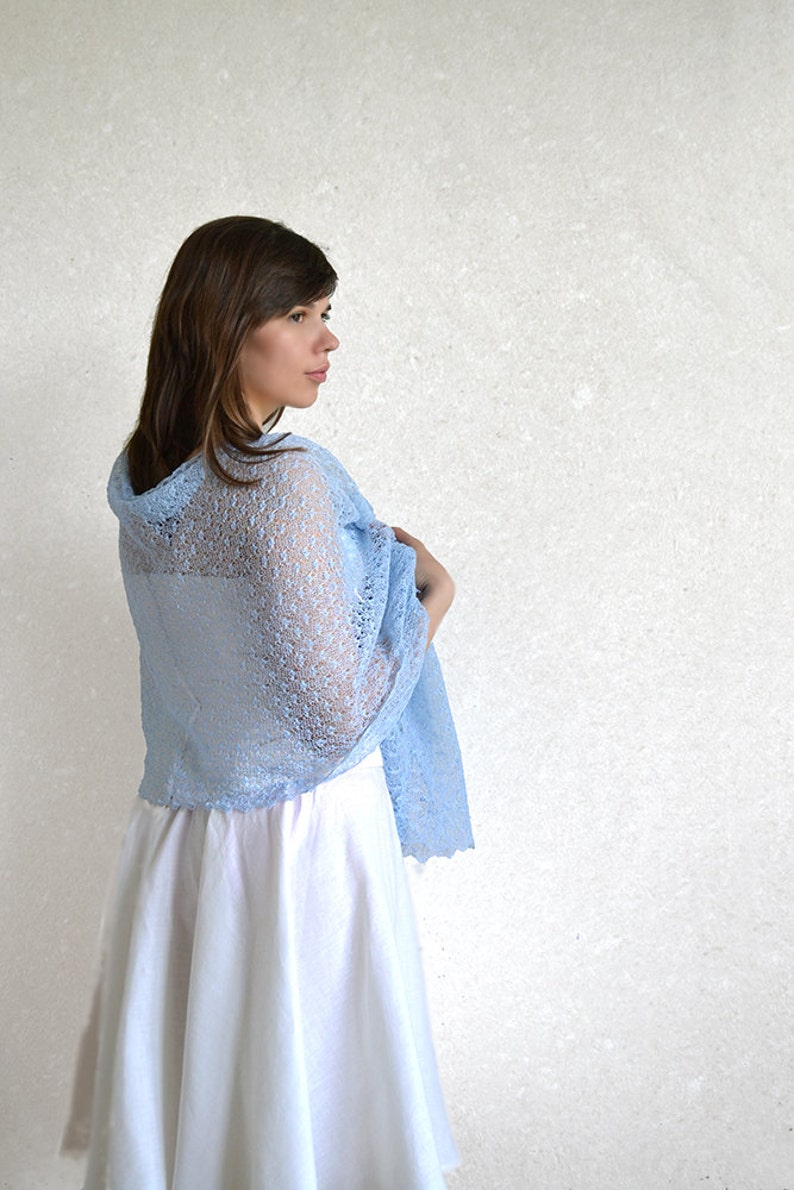 Light blue lace shawl Pastel linen scarf wrap Beach wedding bridesmaid stole Sheer summer evening cover up Gauze boho knitted cape gift image 2