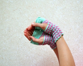 Funny striped fingerless for teens Mint with pink mittens Hand knitted wrist warmers Girl present mitts Winter wristlets mittens gloves