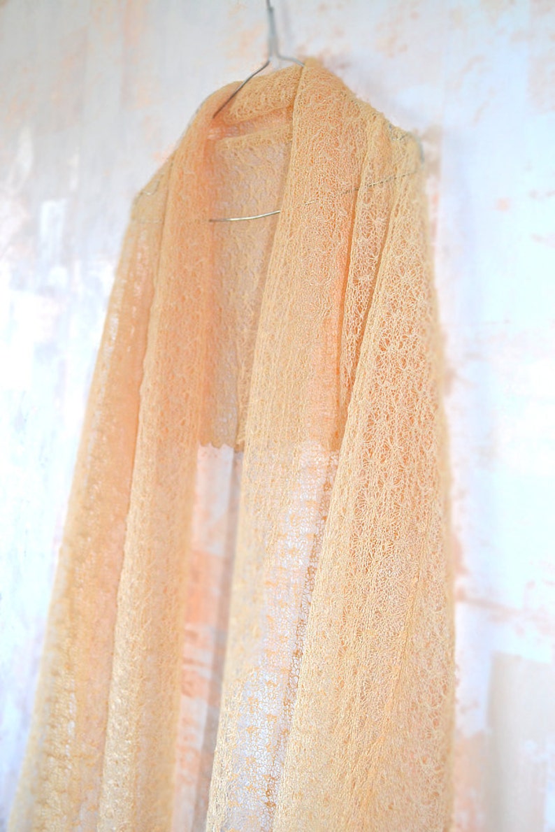 Peach linen scarf wrap Wedding lace shawl Bridesmaids Gifts Shawl Knitted cape shawl Light evening shawl Beach cover up Gauzy shoulder cover image 4