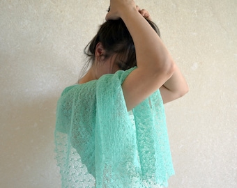 Mint linen scarf Wedding lace knit shawl Knitted summer lightweight wrap Bridesmaid gift gauzy stole Transparent boho cover up