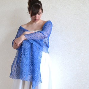 Blue linen sheer shawl Wedding light cover up Lace bridesmaids shawls Boho scarf wrap Loose knit evening cape Elegant gauzy summer stole image 5