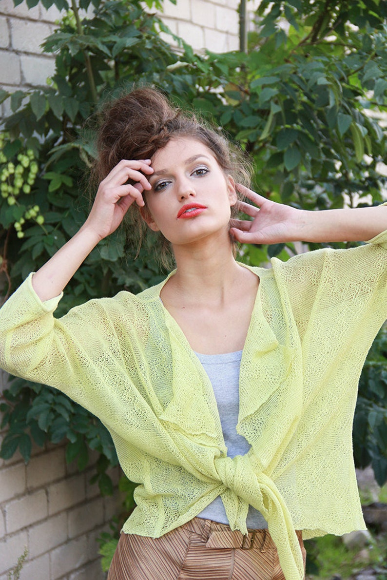Loose linen jacket Lime knit cardigan Yellow sheer kimono top Green women open front blazer Drop shoulder sweater Custom Size and Color