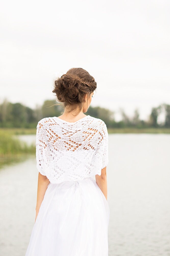 White Bridal Knit Shrug Wedding Lace Jacket Hand Knitted Cotton