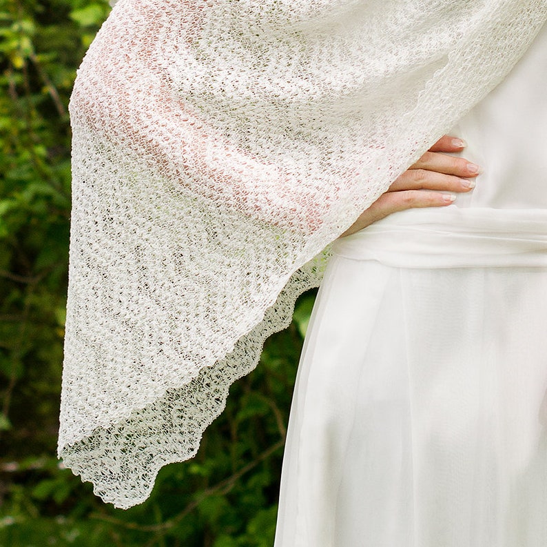 Bridal Lace Shawl White Wedding Stole Linen Shawl Knit Bridal Cover Up Summer Wedding Shawl Boho Ecru Scarf Beach wedding scarf wrap image 6