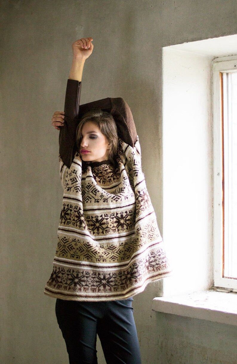 Beige Brown Knit Pullower Sweater Nordic Oversize Bat Sweater Chunky Hand Knitted Cardigan Wool Blend Sweater image 2