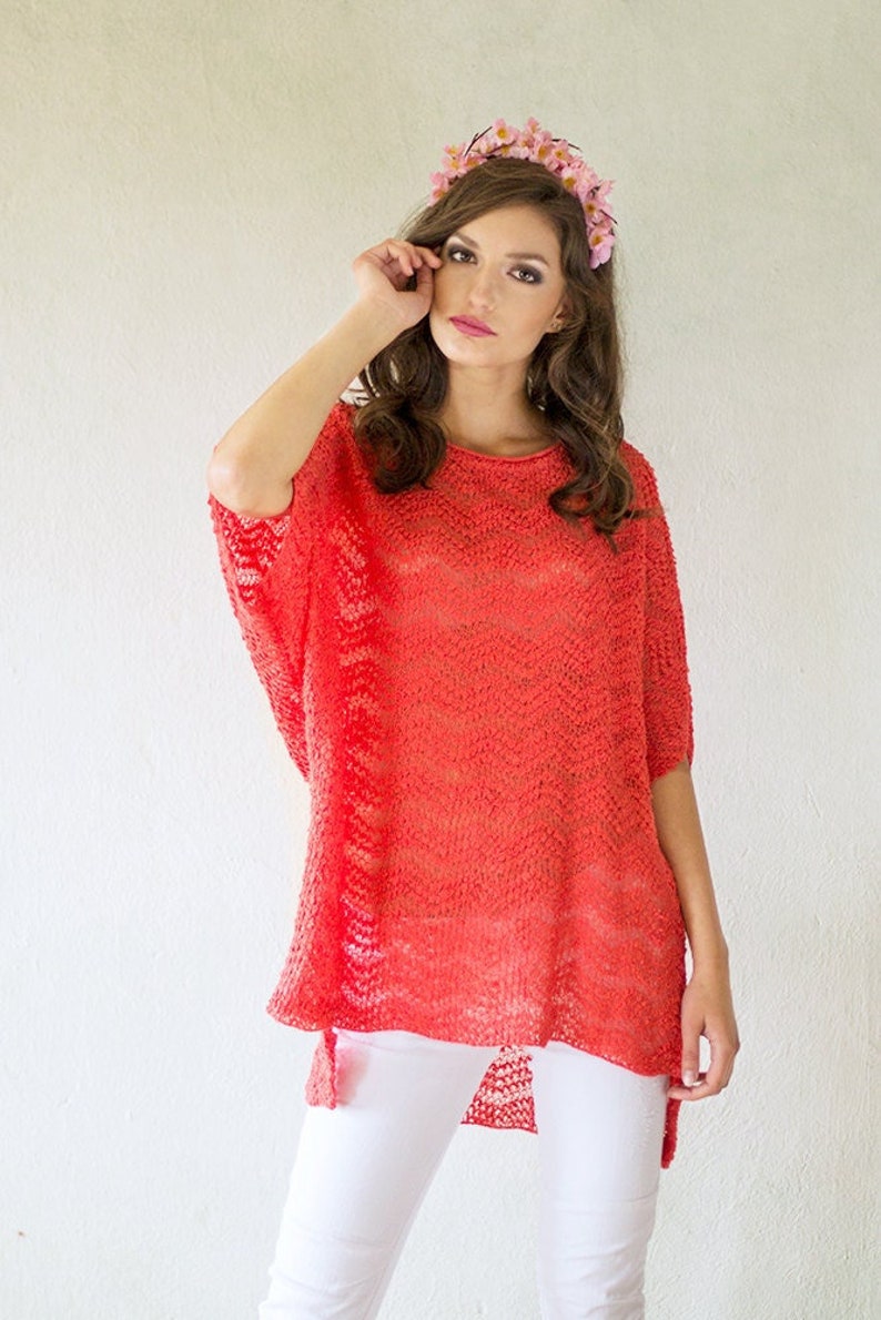 Coral Pink Linen Blouse Oversized Knitted Tunic Loose Fit image 1