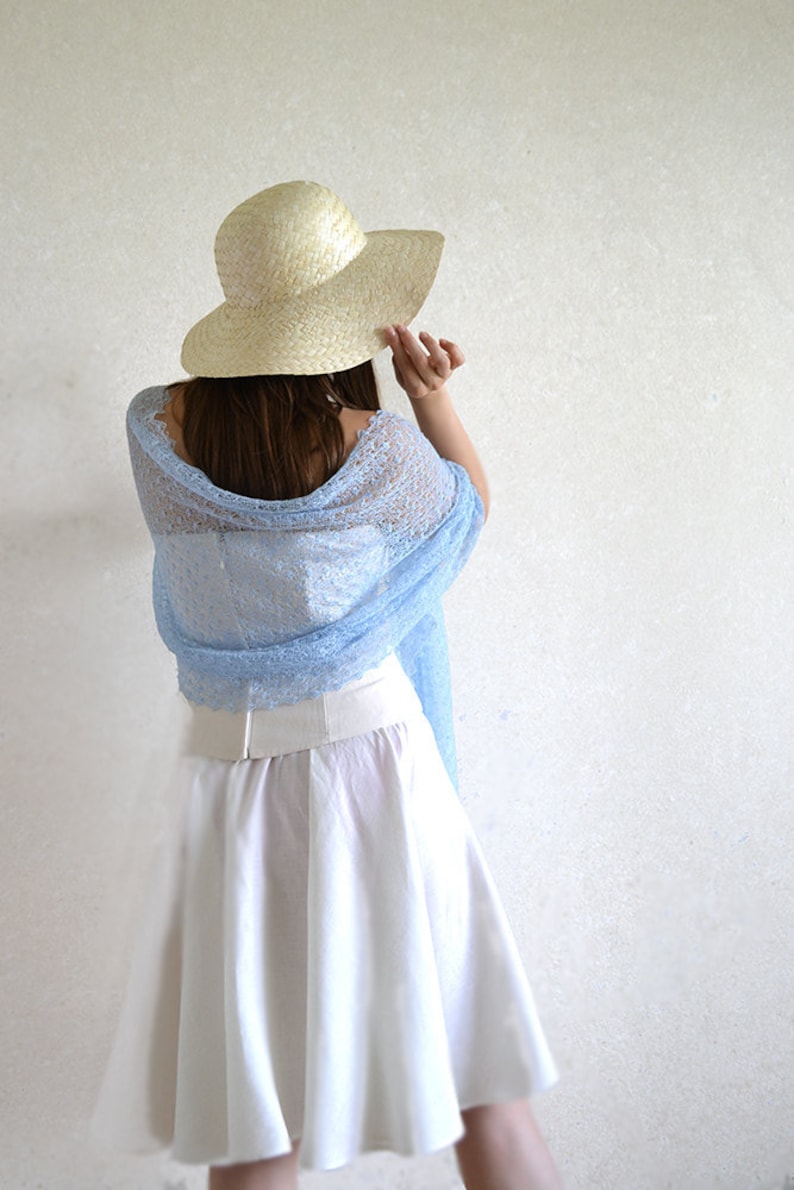 Light blue lace shawl Pastel linen scarf wrap Beach wedding bridesmaid stole Sheer summer evening cover up Gauze boho knitted cape gift image 1