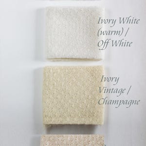 May include: Four fabric swatches in different shades of white and cream. The swatches are labeled with their color names and descriptions, including "Ice White (cold)/ Pure White", "Ivory White (warm)/ Off White", "Ivory Vintage/ Champagne", and "Cream caramel".