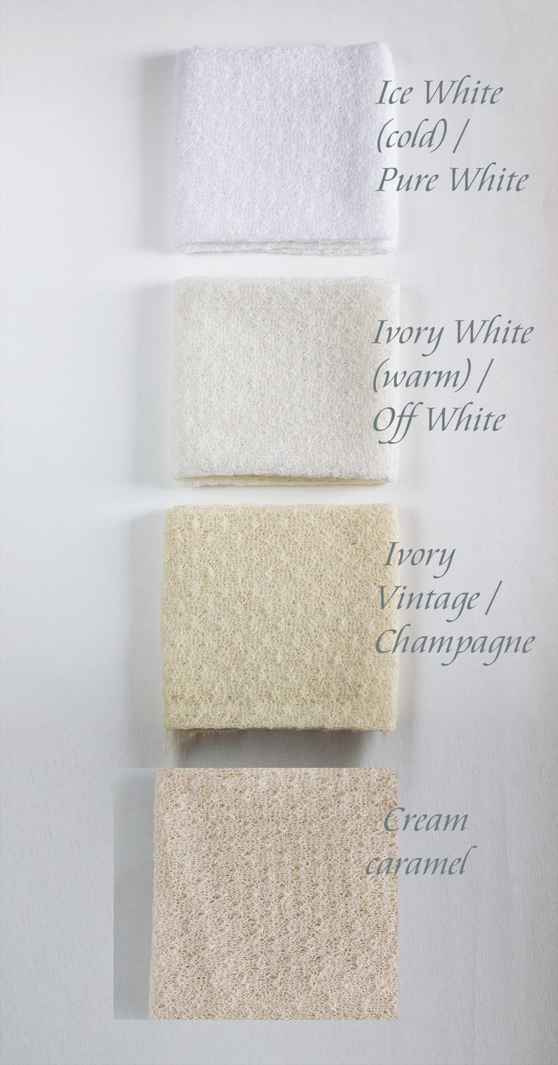 May include: Four fabric swatches in different shades of white and cream. The swatches are labeled with their color names and descriptions, including "Ice White (cold)/ Pure White", "Ivory White (warm)/ Off White", "Ivory Vintage/ Champagne", and "Cream caramel".