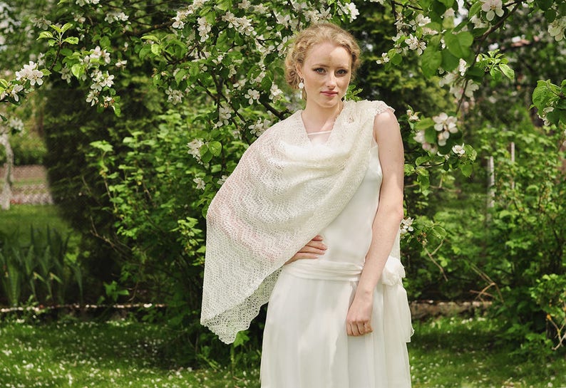 Bridal Lace Shawl White Wedding Stole Linen Shawl Knit Bridal Cover Up Summer Wedding Shawl Boho Ecru Scarf Beach wedding scarf wrap image 5