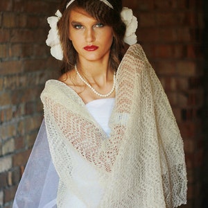 Bridal Lace Shawl White Wedding Stole Linen Shawl Knit Bridal Cover Up Summer Wedding Shawl Boho Ecru Scarf Beach wedding scarf wrap image 9