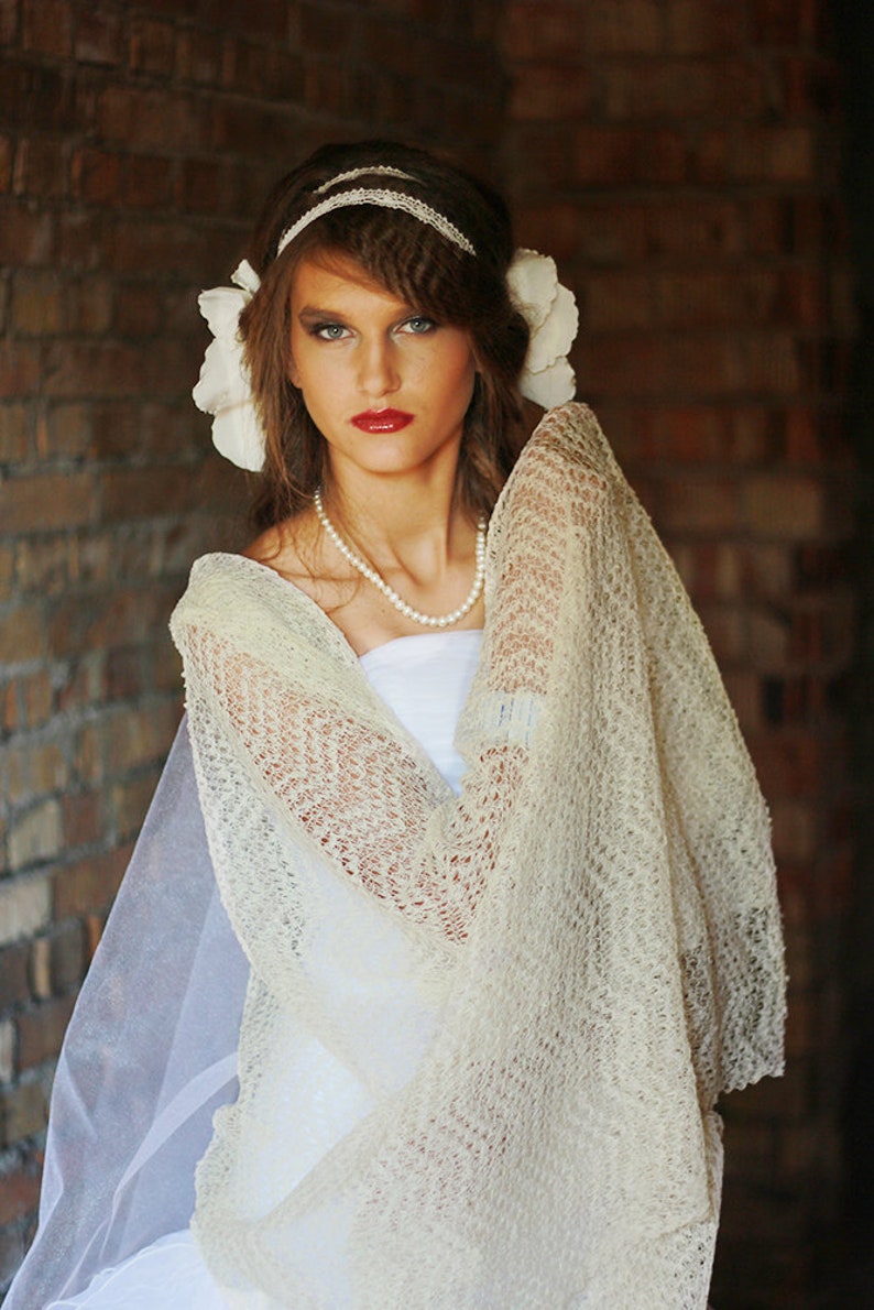 Bridal Lace Shawl White Wedding Stole Linen Shawl Knit Bridal Cover Up Summer Wedding Shawl Boho Ecru Scarf Beach wedding scarf wrap image 9