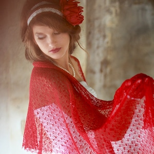 Red Linen Scarf Wedding Stole Bridesmaid shawl Sheer Lace scarf Beach cover up Knitted Scarf wrap Evening Women Scarf Gift Her Shawl