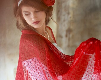 Red Linen Scarf Wedding Stole Bridesmaid shawl Sheer Lace scarf Beach cover up Knitted Scarf wrap Evening Women Scarf Gift Her Shawl