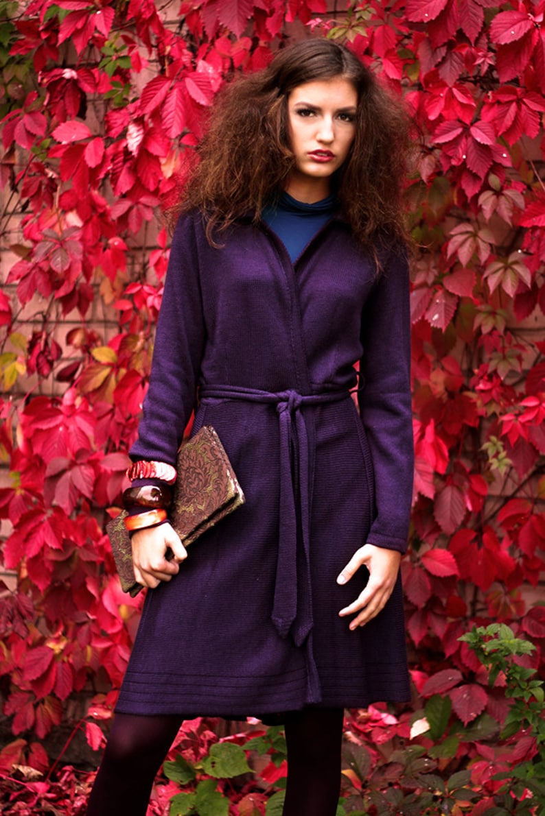 Purple Cardigan Coat Cardigan Belted Waist Cardigan Knitted - Etsy