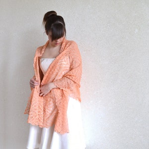Peach Lace Linen Scarf Pale Salmon sheer Shawl Bridesmaid Stole Summer evening Scarf wrap Boho knit Shawl Beach wedding cover up image 4
