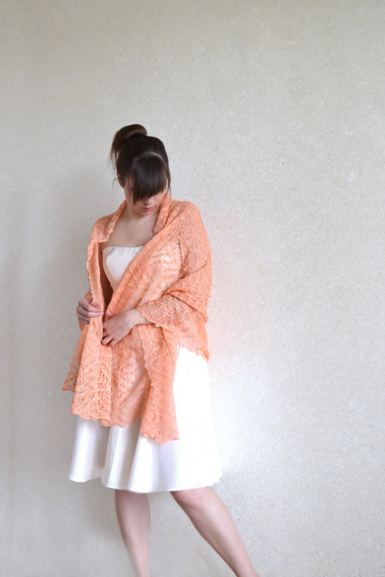 Peach Lace Linen Scarf Pale Salmon sheer Shawl Bridesmaid Stole Summer evening Scarf wrap Boho knit Shawl Beach wedding cover up image 4