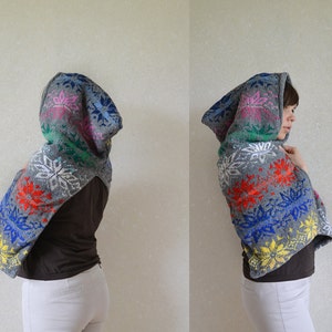 Hooded Scarf Multicolor Gray Scarf Nordic Hoodie Scarf Hand Knitted Snowflakes Wrap Wool Blend Shawl image 6