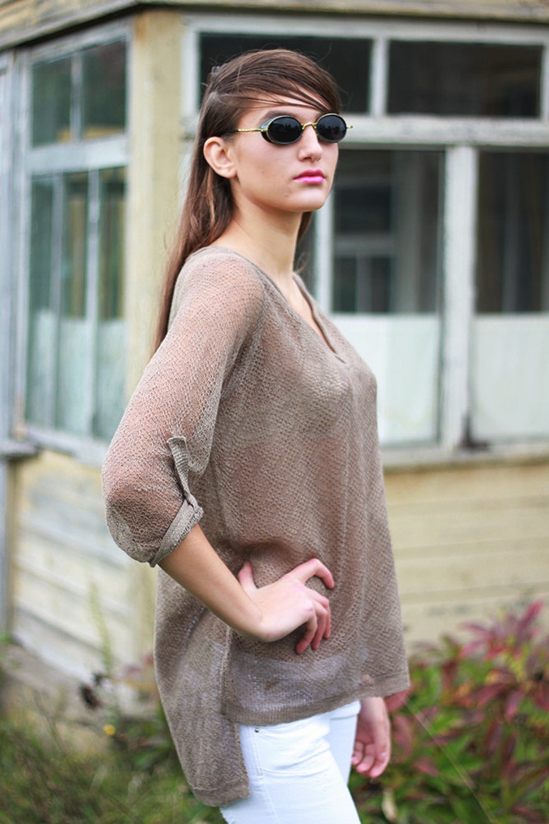 Knit Linen Sweater With Gauze Sleeves Summer Beach Blouse Etsy