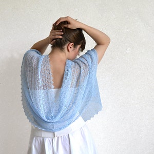 Light blue lace shawl Pastel linen scarf wrap Beach wedding bridesmaid stole Sheer summer evening cover up Gauze boho knitted cape gift image 5