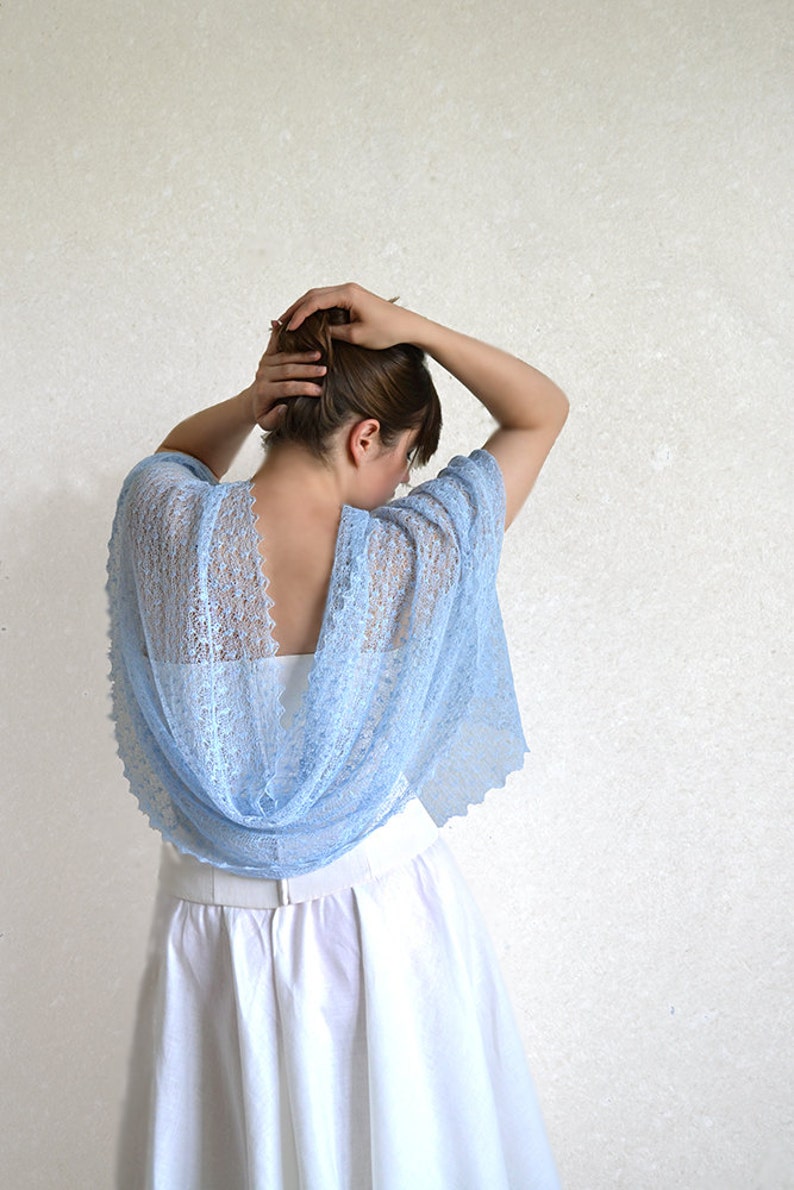 Light blue lace shawl Pastel linen scarf wrap Beach wedding bridesmaid stole Sheer summer evening cover up Gauze boho knitted cape gift image 5