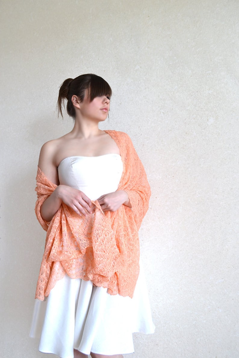 Peach Lace Linen Scarf Pale Salmon sheer Shawl Bridesmaid Stole Summer evening Scarf wrap Boho knit Shawl Beach wedding cover up image 3
