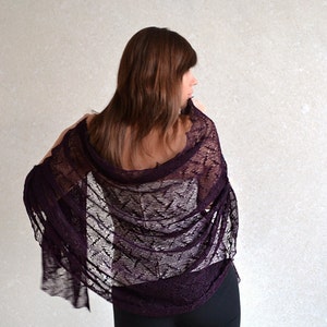 Deep purple linen scarf Lightweight lace shawl Sheer summer wrap Bridesmaids boho stole  Knitted wedding cover up Mother of the bride wrap