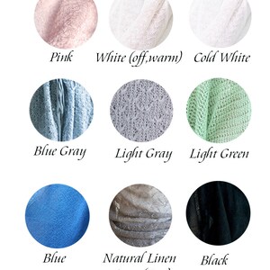 May include: A color palette featuring nine fabric swatches in various colors. The colors include pink, white, cold white, blue gray, light gray, light green, blue, natural linen gray (tan), and black. Each swatch is labeled with its respective color name.