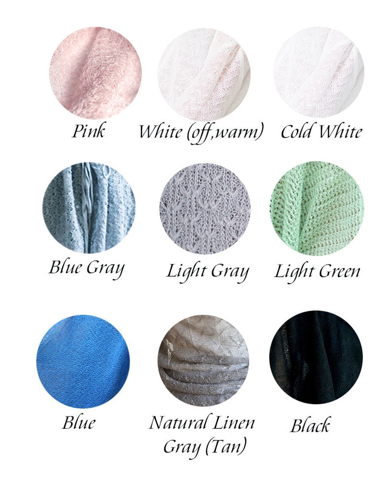 May include: A color palette featuring nine fabric swatches in various colors. The colors include pink, white, cold white, blue gray, light gray, light green, blue, natural linen gray (tan), and black. Each swatch is labeled with its respective color name.