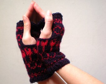 Geometric FINGERLESS Fall wool mittens Dark blue and red gloves Hand knitted arm warmer Scandinavian short mitts Women present mittens