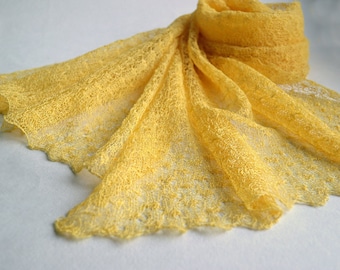 Linen yellow scarf Bridesmaids shawl Wedding lace stole Knitted sheer wrap Lemon see through cover up Gift her lightweight summer scarf