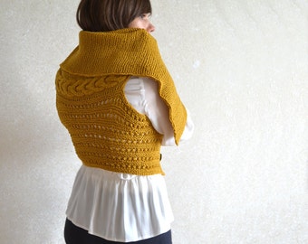 Mustard knit Vest Alpaca Wool Top Hand Knitted Cardigan Honey Gold Sweater  Knitted Shrug Two Ways To Wear Sweater